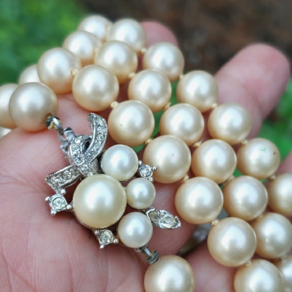 Gorgeous Vintage Marvella Pave Set Rhinestone Cream Pearl Long Sautoir Necklace - Picture 4 of 11